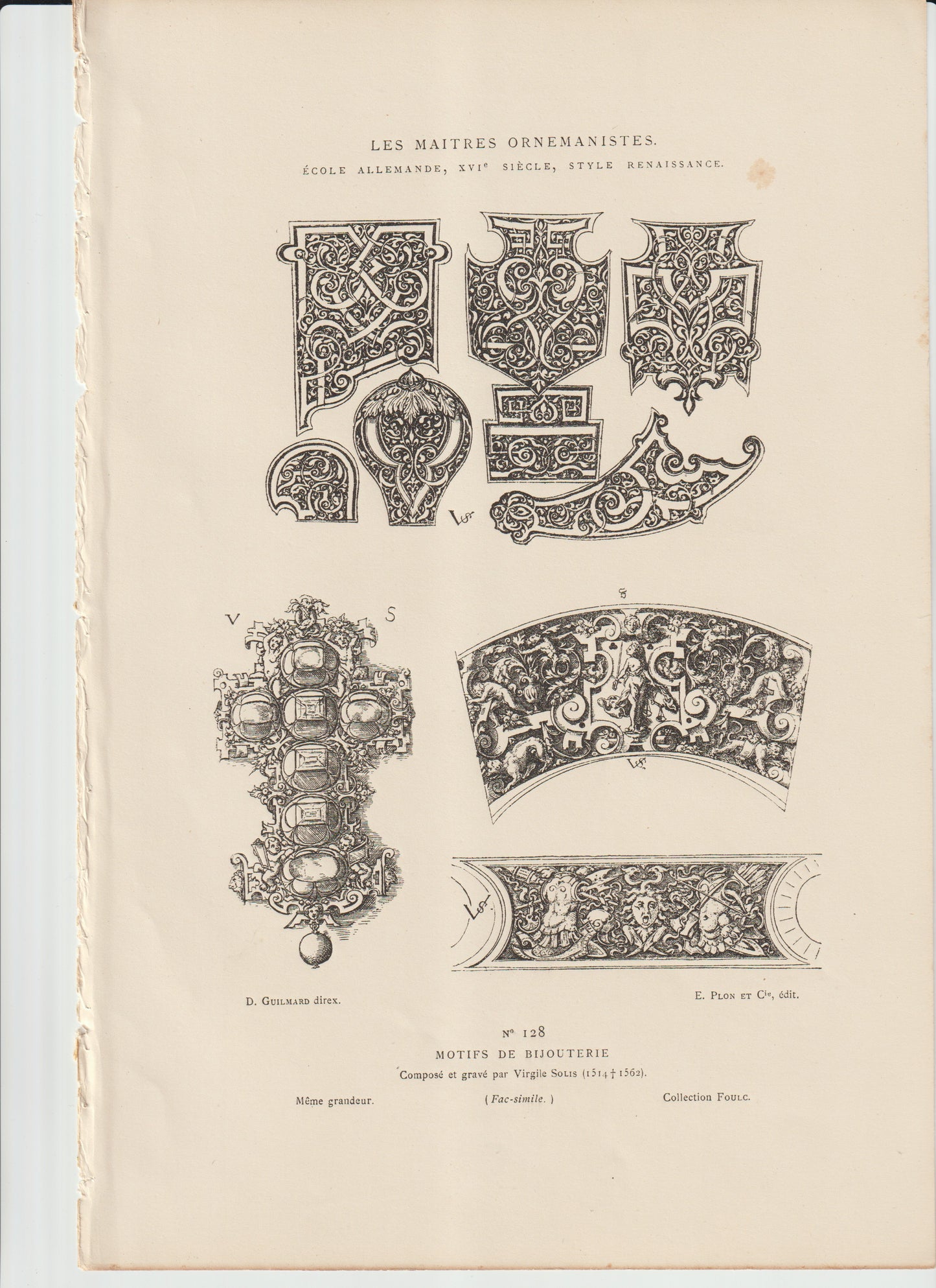“Renaissance Jewelry Motifs Engraving — Virgile Solis — German 16th‑C Ornament Print — Antique Plon et Cie Plate No. 128”