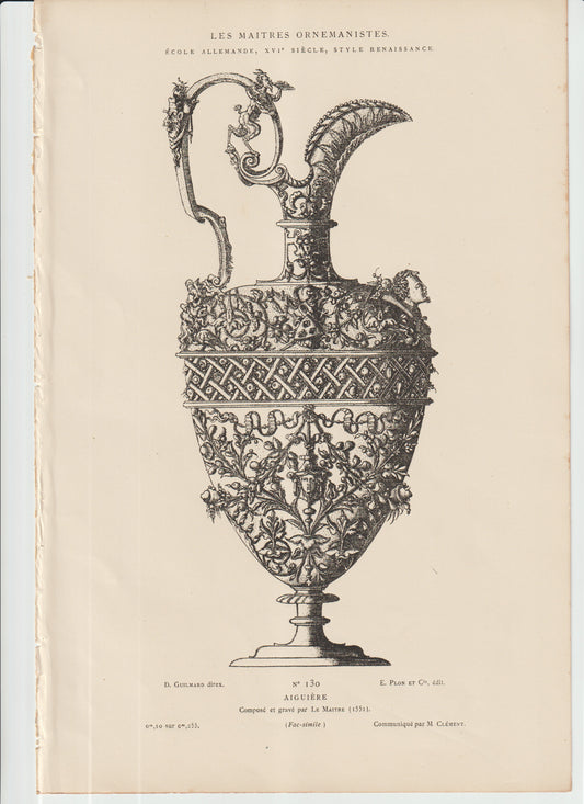 “1551 Renaissance Aiguière Engraving — Les Maîtres Ornemanistes, German School, Antique Plon et Cie Plate No.130”