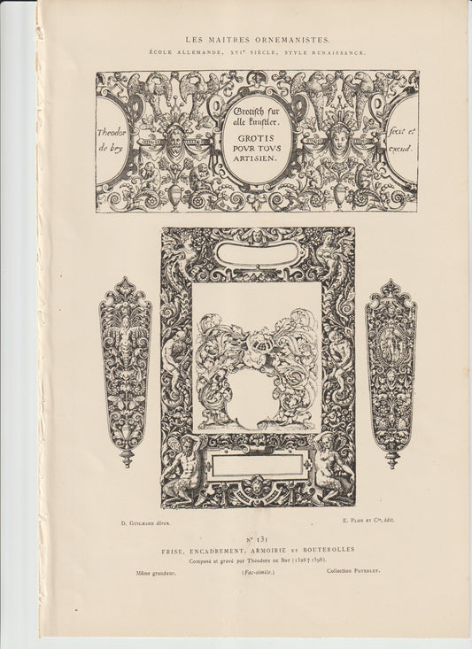 “Renaissance Ornament Engraving by Théodore de Bry – Plate 131 – German 16th‑Century Grotesque Designs (Plon et Cie, 19th‑c Facsimile)”