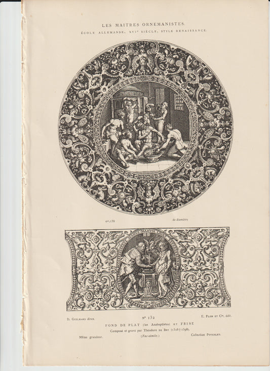 Théodore de Bry Renaissance Engraving – “Fond de Plat (Les Anabaptistes)” & Ornamental Frieze – German 16th‑Century Design – Antique Plon Print