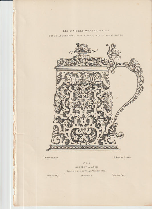 “Renaissance Ornamental Tankard Engraving • 1579 Wechter Goblet • German Antique Barware Art Print • Les Maîtres Ornemanistes”