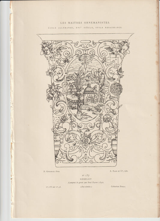 “German Renaissance Architectural Engraving — Gobelet (1592) by Paul Flint — Antique Plon et Cie Ornamental Print, Tall Decorative Wall Art”