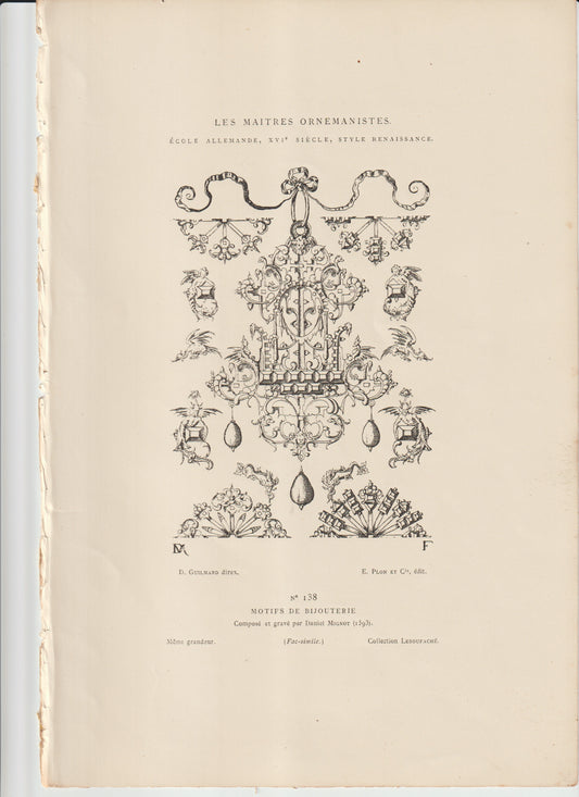 “1593 Renaissance Jewelry Design Engraving by Daniel Mignot – Antique German Ornament Print, Les Maîtres Ornemanistes No. 138”