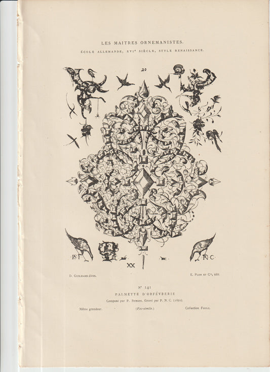 “Antique Renaissance Palmette Ornament Print — 1621 German Goldsmith Design — Symoni Scrollwork Engraving”