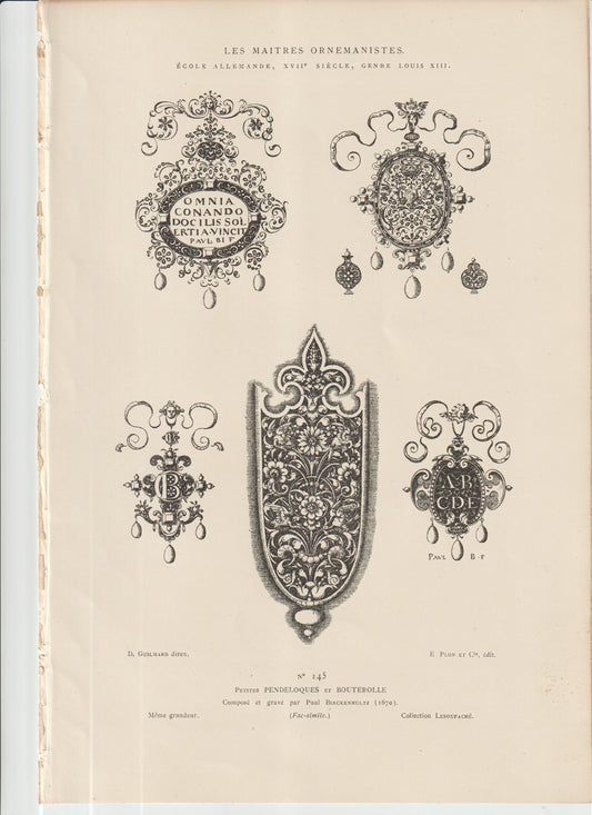 “1670 Ornamental Pendants & Bouterolles – Paul Birckenhultz Engraving • German Baroque Scrollwork • Les Maîtres Ornemanistes Plate 145”
