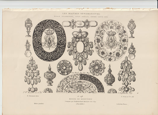 “Antique 18th‑Century Jewelry Motifs Print – German Louis XIII Ornament Design, Floral Baroque Engraving”