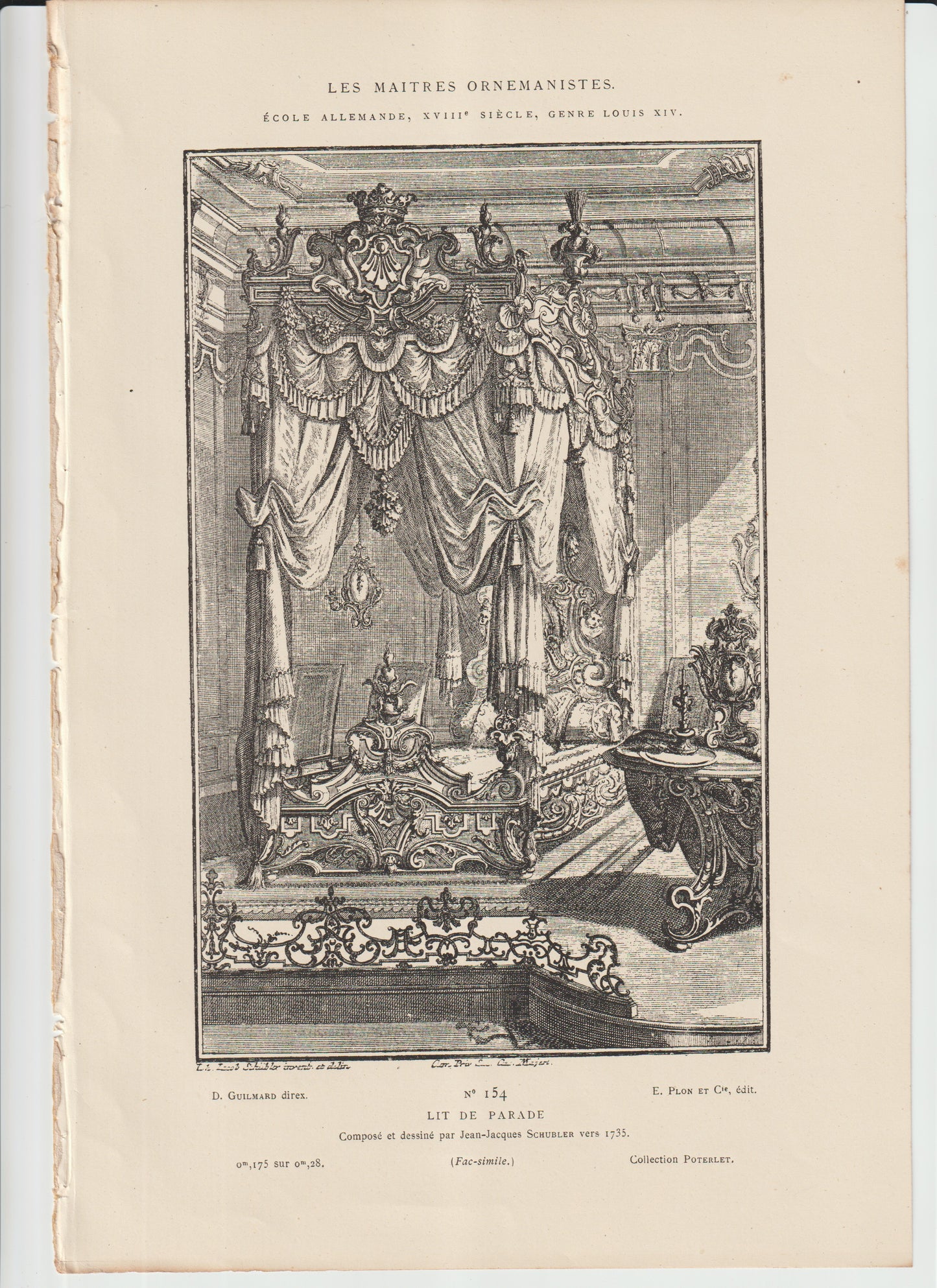 Antique 1735 Lit de Parade Canopy Bed Engraving — Schübler Baroque Design Print — Louis XIV Style — Plon et Cie No. 154
