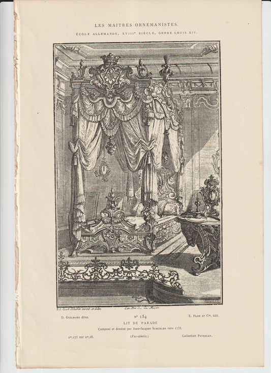 Antique 1735 Lit de Parade Canopy Bed Engraving — Schübler Baroque Design Print — Louis XIV Style — Plon et Cie No. 154