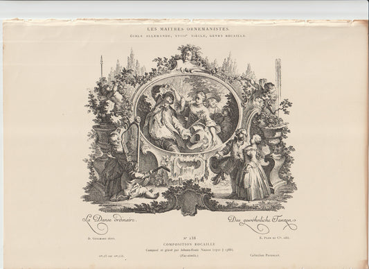 “La Danse Ordinaire — Antique Rococo Engraving with Cherubs & Fête Galante Scene, E. Fuchs, c.1890s”