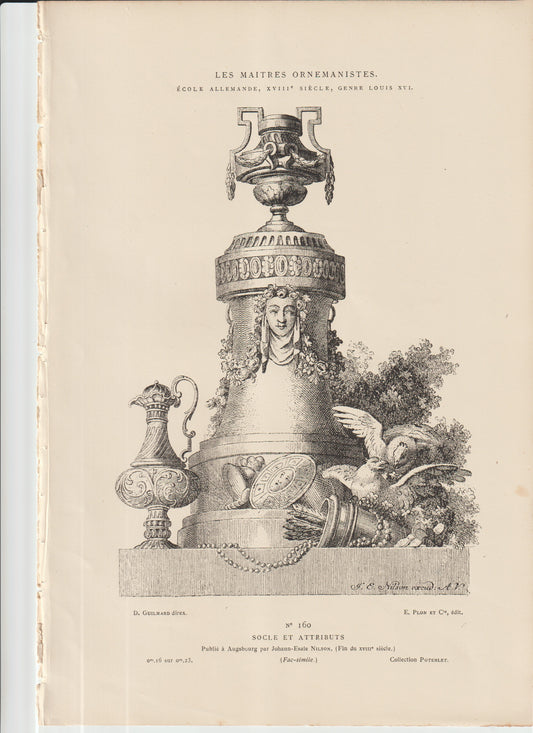 “Louis XVI Neoclassical Pedestal & Urn — German School Ornament Print (c.18th‑Century Facsimile)”