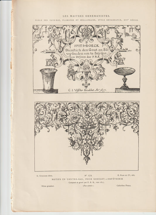 “1617 P.R.K. Orfèvrerie Engraving — Goblet & Scroll Motifs, Visscher, Les Maîtres Ornemanistes”