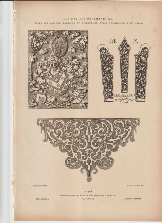 “1626 Flemish Heraldic Ornament Print – Michel Le Blon Renaissance Coat of Arms & Scrollwork – Antique Facsimile Art”