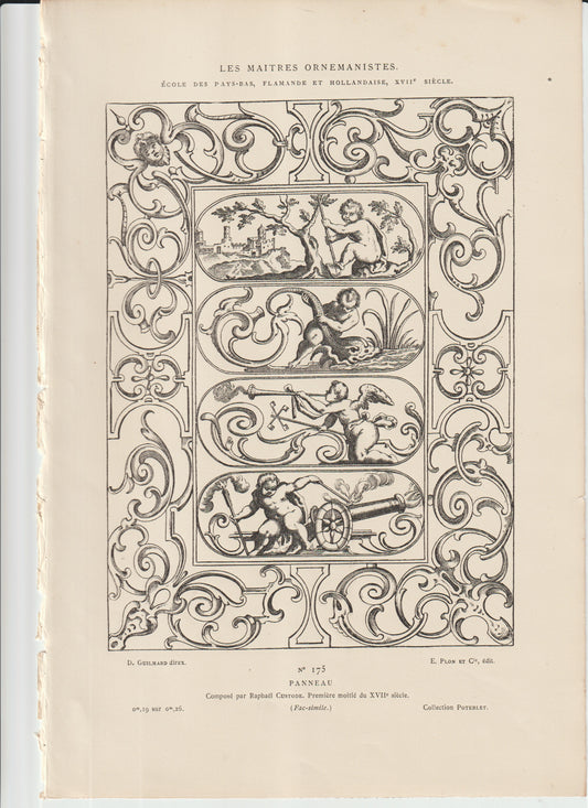 “17th‑Century Flemish Ornamental Panel After Raphael Custode – Vertical Putti Engraving, Plon et Cie”