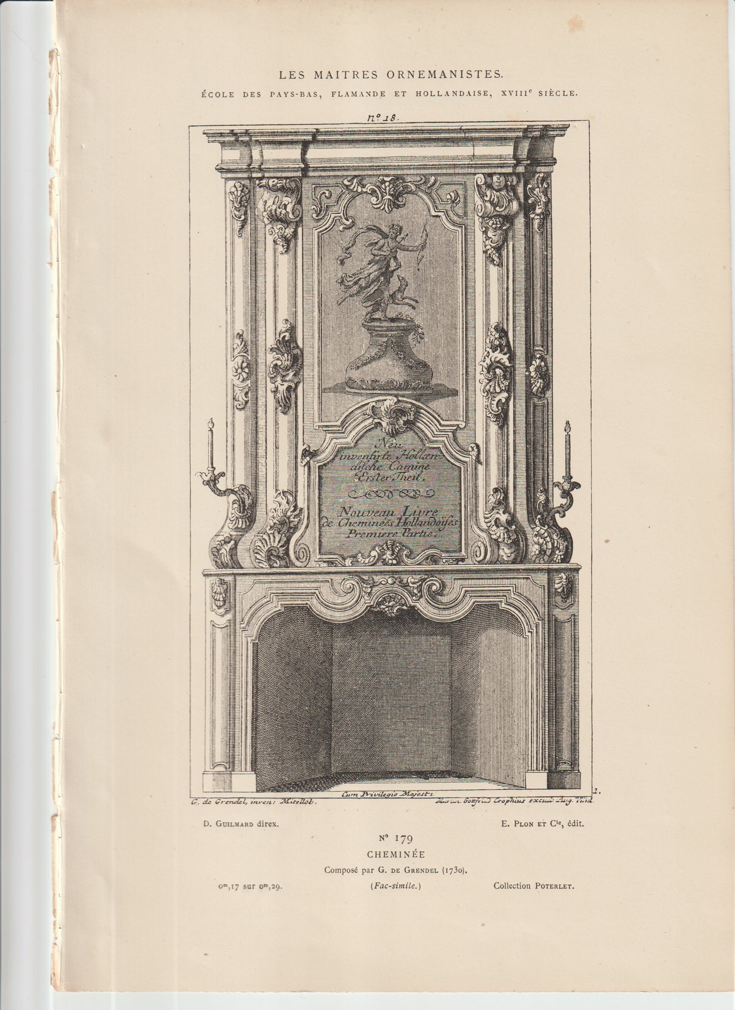 “1730 Dutch Fireplace Design — Grendel — Antique Architectural Engraving — Les Maîtres Ornemanistes (Plate 179)”