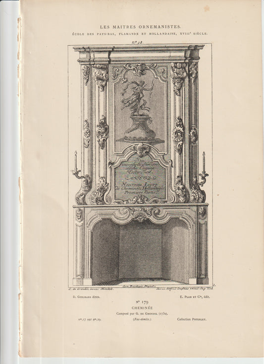 “1730 Dutch Fireplace Design — Grendel — Antique Architectural Engraving — Les Maîtres Ornemanistes (Plate 179)”
