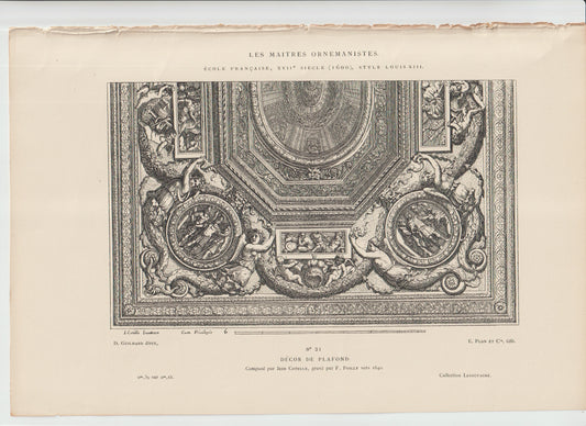 “1640 French Ceiling Design Engraving – Louis XIII Architectural Ornament – Louis Chéron / Poletz – Antique Château Decor Print”