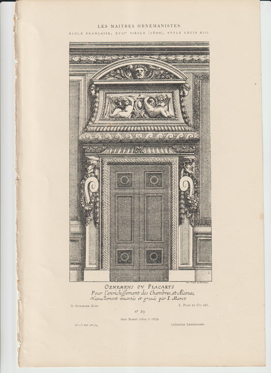 Jean Marot, Ornemens ou Placarts, Louis XIII Architectural Doorway, Plate No. 29 (c.1600/19th‑c. Plon Edition)