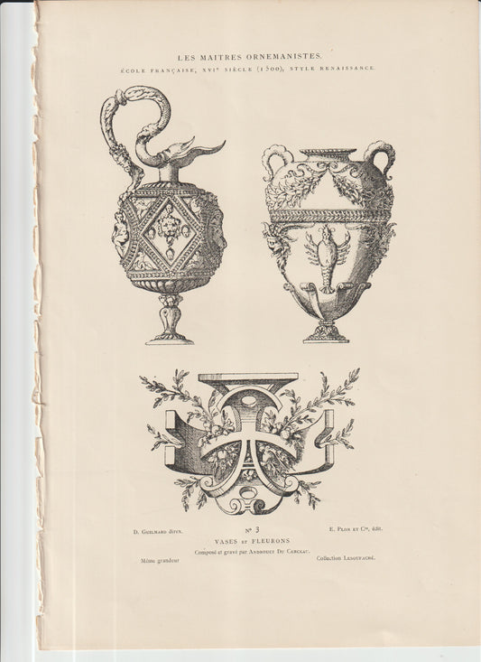 “French Renaissance Ornamental Vases & Fleurons • Androuet du Cerceau • 19th‑C Architectural Engraving”