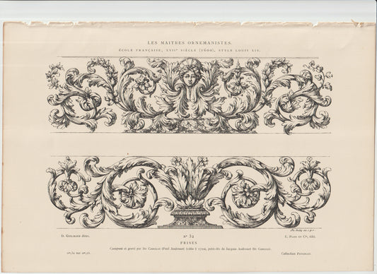 “Louis XIV Ornamental Frises — Antique French Engraving by Du Cerceau — 17th‑Century Baroque Architectural Print”