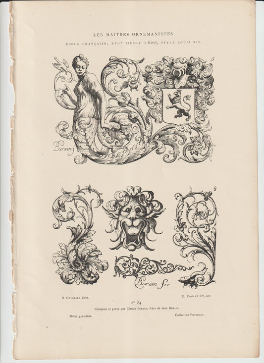 “Louis XIV Grotesque & Heraldic Ornament — Claude Berain Engraving, 19th‑C Plon et Cie”
