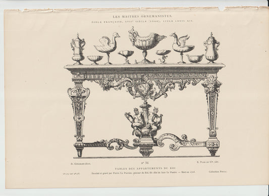 “A richly detailed Baroque table engraving showcasing the grandeur of Louis XIV decorative arts.”