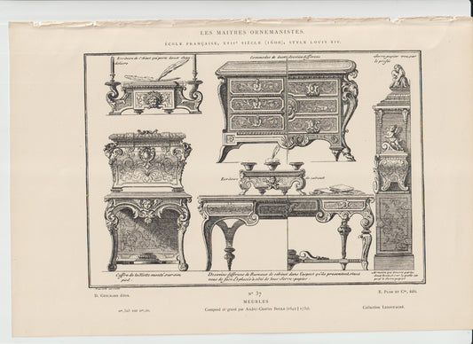 “Louis XIV Furniture Designs — Antique French Engraving by Racinet — Commode, Bureau & Library Cabinet (c.1860s)”