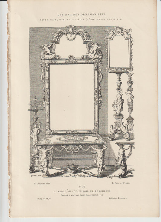 “Antique French Console & Mirror Engraving — Daniel Marot, Louis XIV Ornament Print, 19th‑C Plon et Cie”