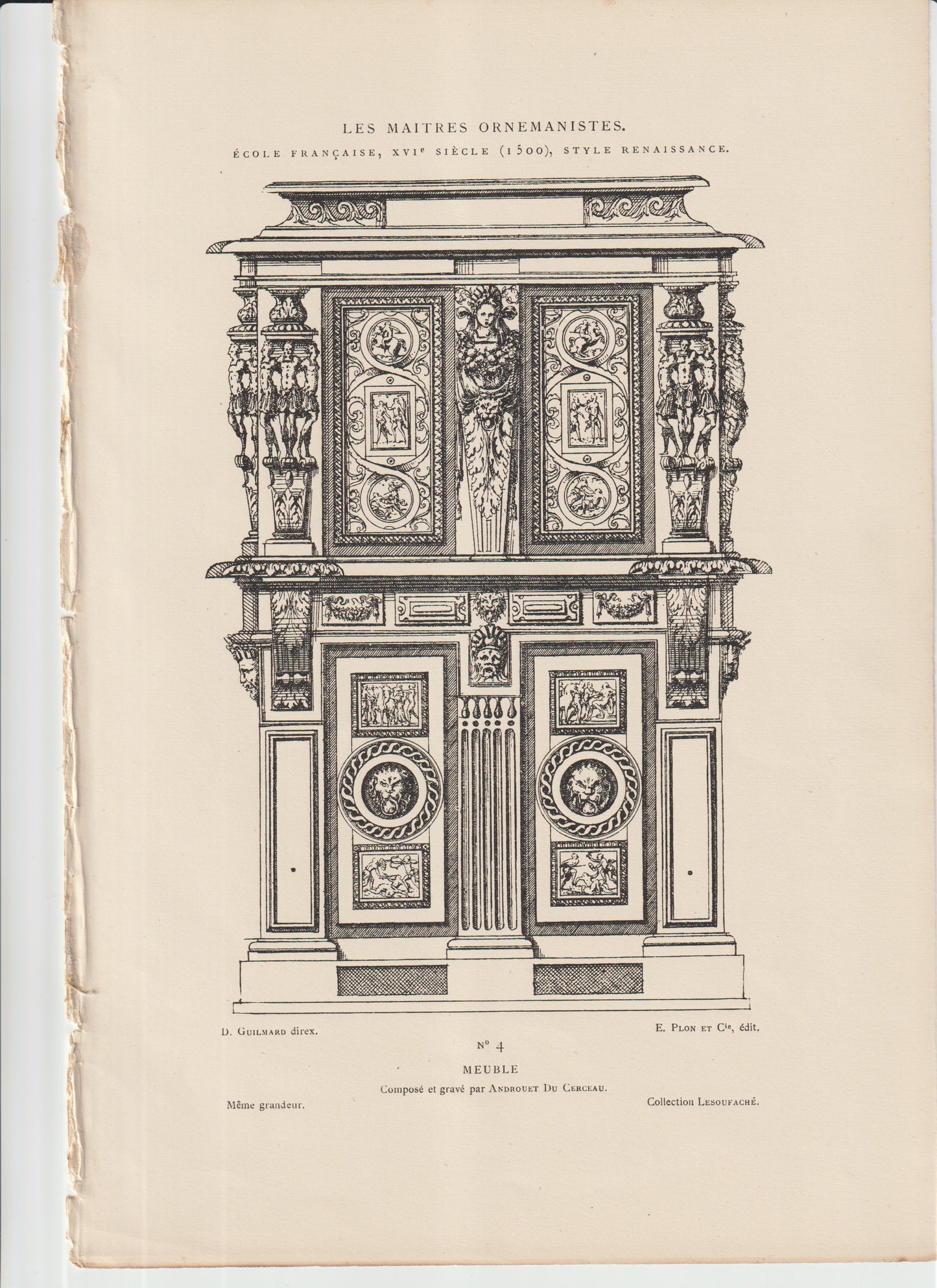 “Renaissance Cabinet Engraving by Du Cerceau – 19th‑C French Architectural Print, Ornate Furniture Design”