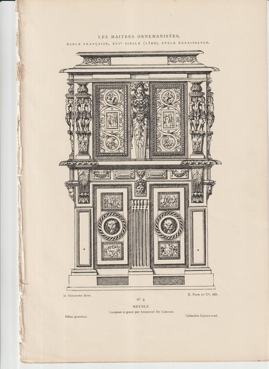 “Renaissance Cabinet Engraving by Du Cerceau – 19th‑C French Architectural Print, Ornate Furniture Design”
