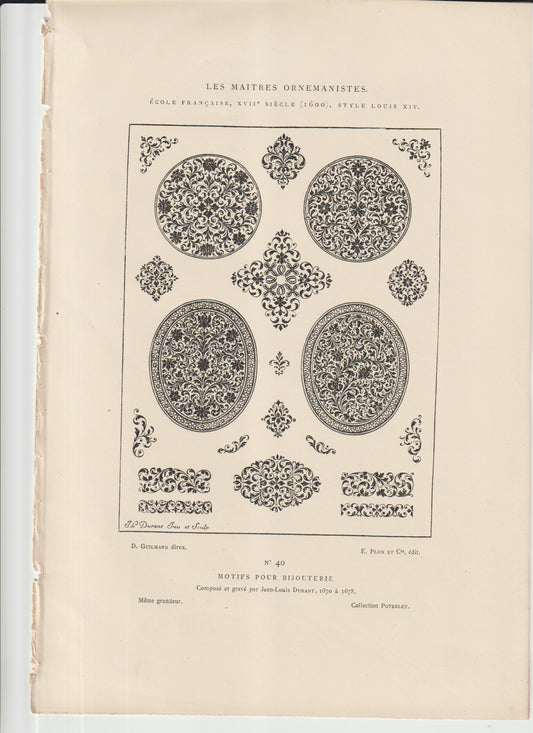 “Les Maîtres Ornemanistes Plate 40 – Motifs pour Bijouterie – J.L. Durant (1670–1678) Antique Engraving”