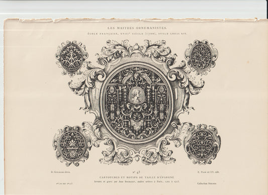 “Louis XV Cartouches • Bourguet Engraving • Antique French Ornament Print • Rococo Taille d’Épargne • Plate 43”