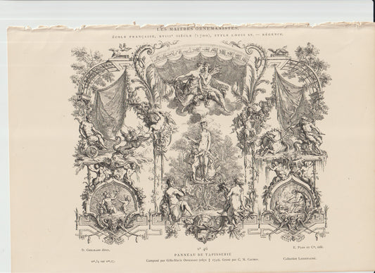 “Antique Rococo Tapestry Panel Engraving — Gilles‑Marie Oppenord & Cochin — Louis XV Ornament Design — Plate 46”