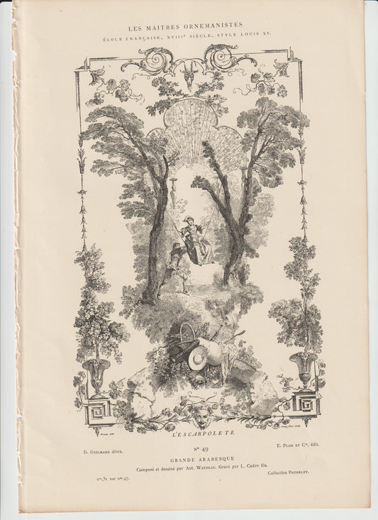 “Les Maîtres Ornemanistes No.49 — L’Escarpolette — Watteau / Crépy Engraving, Plon et Cie”
