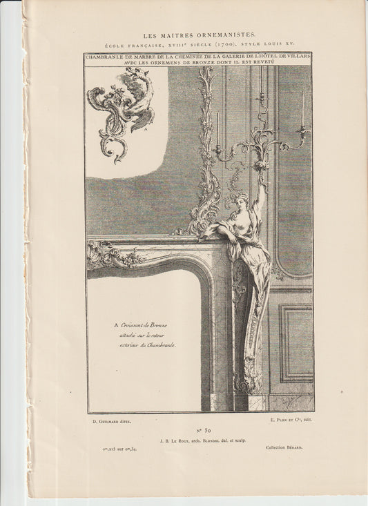 “Louis XV Fireplace Design Engraving – 18th C. French Architectural Plate, Hôtel de Vilars, Ornamental Bronze Detail – Antique 1800s Print”