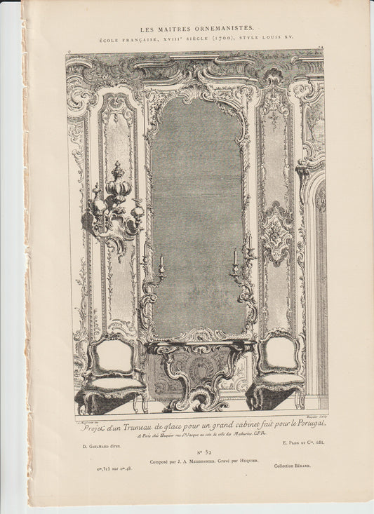 “Antique French Louis XV Trumeau Design — Meissonnier Engraving, 18th‑C Style Architectural Wall Panel, Plate 52 (c.1860)”