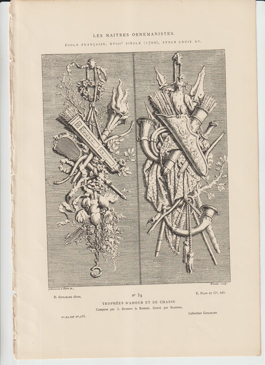“Original 19th C. Engraving – Trophées d’Amour et de Chasse – Dumont/Blondel – Les Maîtres Ornemanistes No. 54 – Plon et Cie”