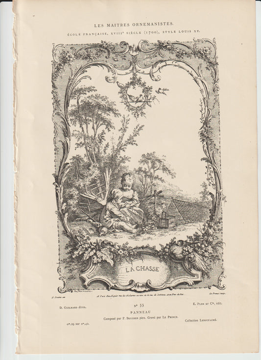 “Antique Rococo Engraving ‘La Chasse’ After Boucher – 19th‑C Plon et Cie – Les Maîtres Ornemanistes No. 55”
