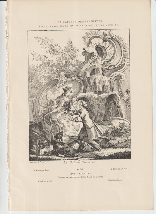 “Le Galand Chasseur – Plon et Cie Engraving No. 56, Rococo Fountain & Hunting Scene, Les Maîtres Ornemanistes”