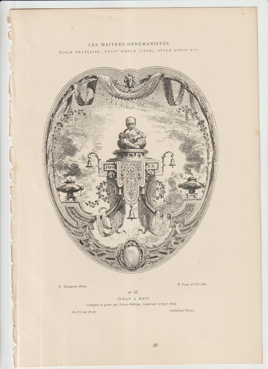 Original 19th‑Century Engraving — Les Maîtres Ornemanistes, No. 66 “Écran à main” — Choffard / Louis XVI Design — Plon et Ci