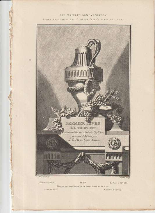 “Antique French Louis XVI Urn & Garland Engraving • 19th‑C Architectural Ornament Print • De La Fosse Trophies Plate”