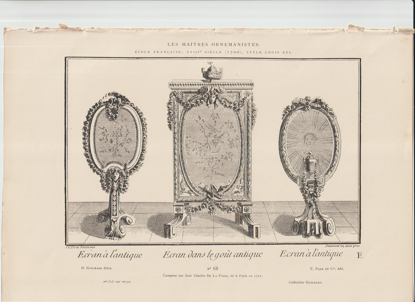 “Antique French Fire Screens Engraving — Delafosse Louis XVI Design, 18th‑Century Neoclassical Ornament Print”