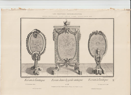 “Antique French Fire Screens Engraving — Delafosse Louis XVI Design, 18th‑Century Neoclassical Ornament Print”