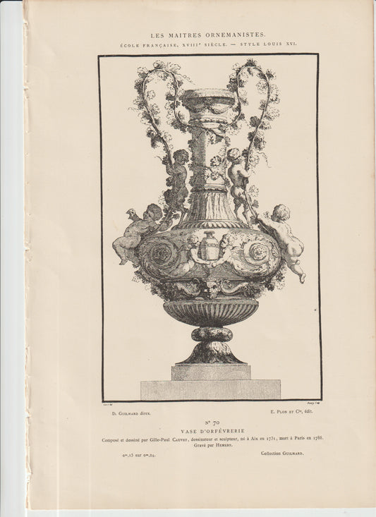 “Louis XVI Ornamental Vase Engraving • 18th‑Century French ‘Vase d’Orfévrerie’ • Cherubs & Rococo Detail • Antique 1800s Art Plate”