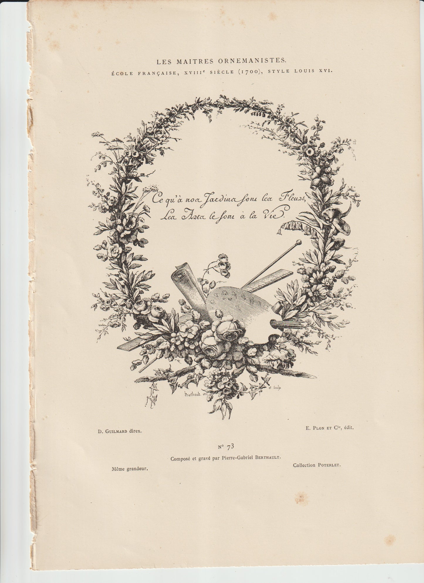 “Les Maîtres Ornemanistes No. 73 — Louis XVI Floral Wreath with Artist’s Tools — Berthault Engraving, Plon et Cie”