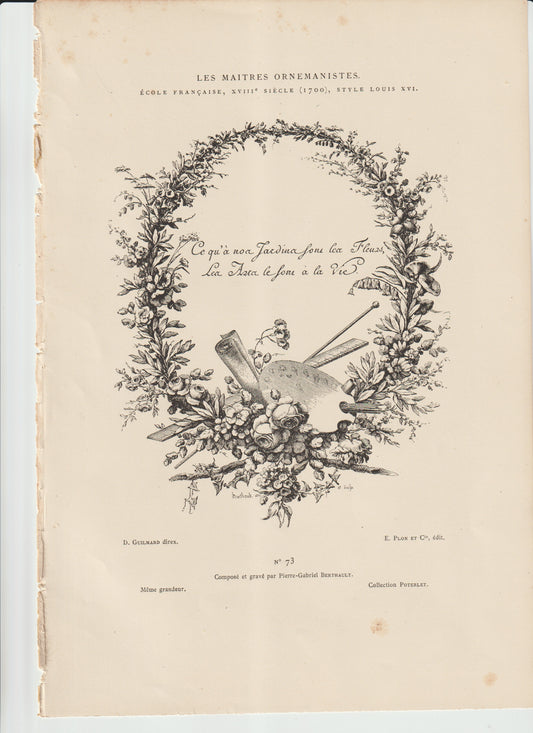 “Les Maîtres Ornemanistes No. 73 — Louis XVI Floral Wreath with Artist’s Tools — Berthault Engraving, Plon et Cie”