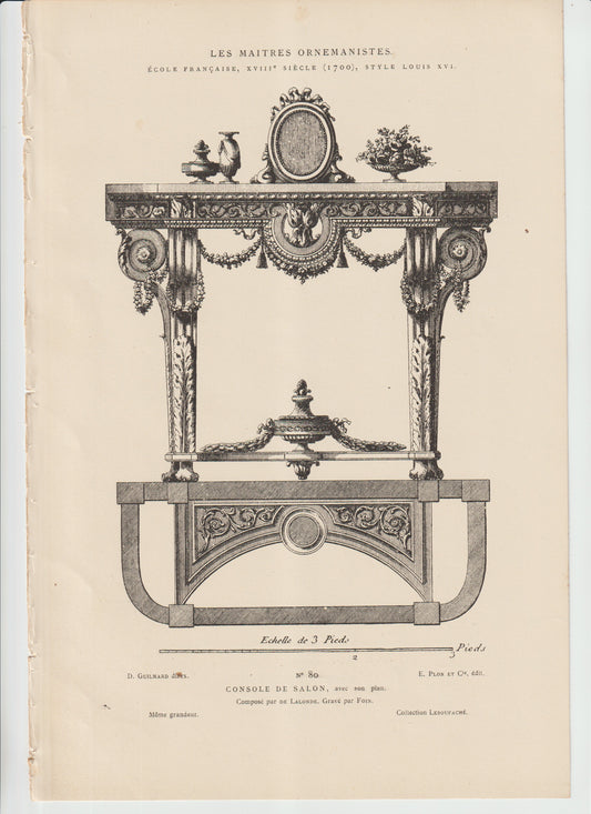 “Les Maîtres Ornemanistes No. 80 – Louis XVI Console de Salon Engraving – de Lalonde / Foin – 19th C. French Architectural Plate”