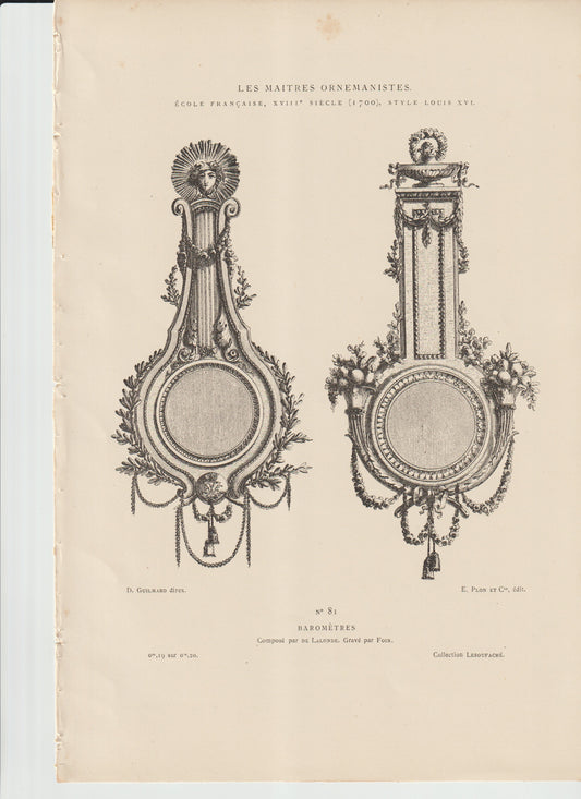 “Louis XVI Barometer Designs — Antique 19th‑C Engraving (Plate 81) — de Lalonde & Foin — French Neoclassical Wall Art”