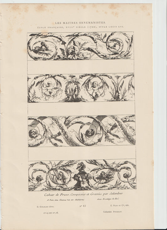“Antique Louis XVI Frieze Designs — 19th‑C Audran Engraving, Ornamental Rococo Scrollwork, Les Maîtres Ornemanistes Plate 83”