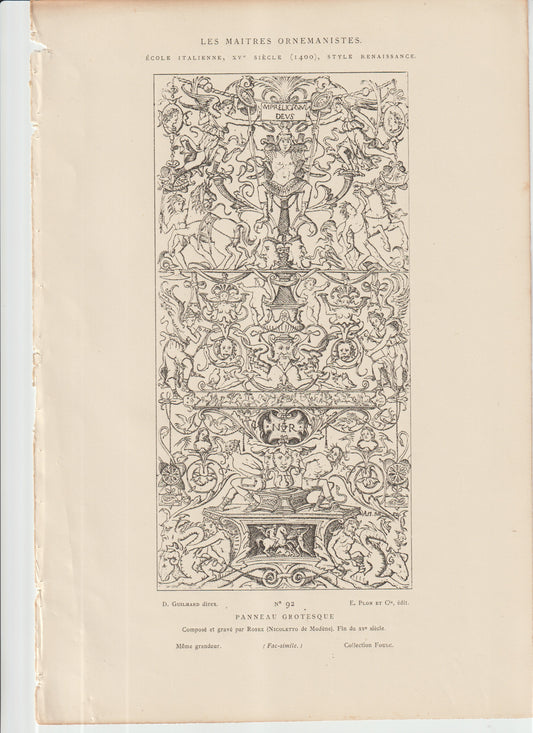 “Les Maîtres Ornemanistes Plate 92 — PANNEAU GROTESQUE — Roser (Niccolotto de Modène) — 19th‑c Plon Engraving”