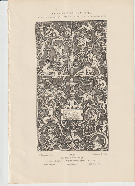 “Renaissance Grotesque Panel Engraving — Augustin Vénitien — Italian Ornament Print, 1860s Plon Edition — Les Maîtres Ornemanistes No. 93”